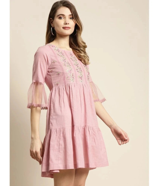 Juniper Cotton Blend Embroidered Mini Womens Fit & Flare Dress - Pink ( Pack of 1 ) - None