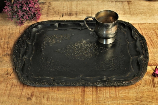 Vintage Brass Engraved Tray Size - 33 x 23 x 1.5 cm Ideal for Food Photography & Food Styling