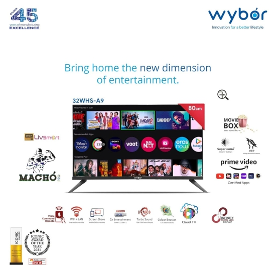 Wybor Macho PRO 80 cm 32 Inches HD Ready Smart LED TV Black 2021 Model  with Frameless Design-Wybor Macho PRO 80 cm (32 Inches) HD Ready Smart LED TV (Black) (2021 Model) | with Frameless Design