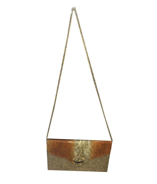 Apnav Golden Jute Clutch With Sling Chain