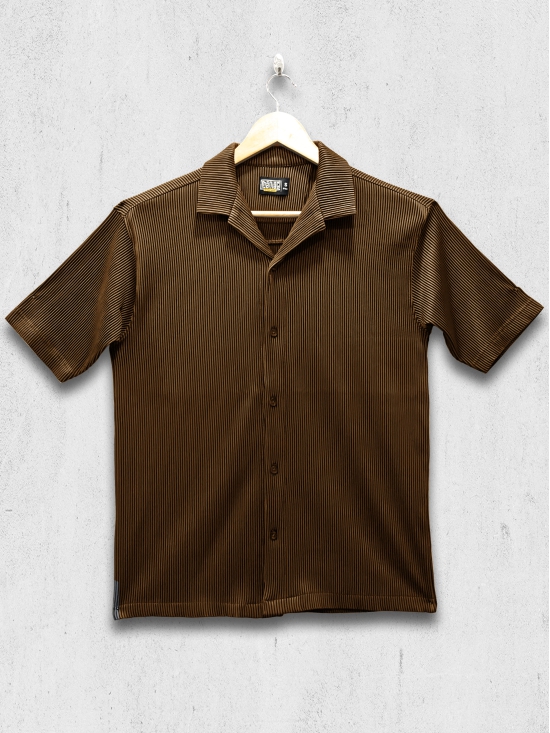 Stripe Textured Brown Half Sleeve Shirt-L / Brown