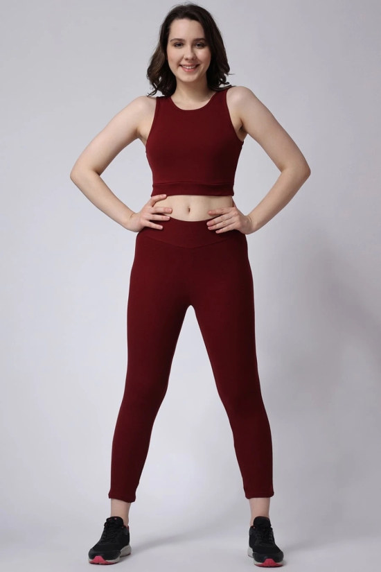 Womens Maroon Gym Co-Ord Set Leggings & Sleeveless Crop Top-S / Maroon