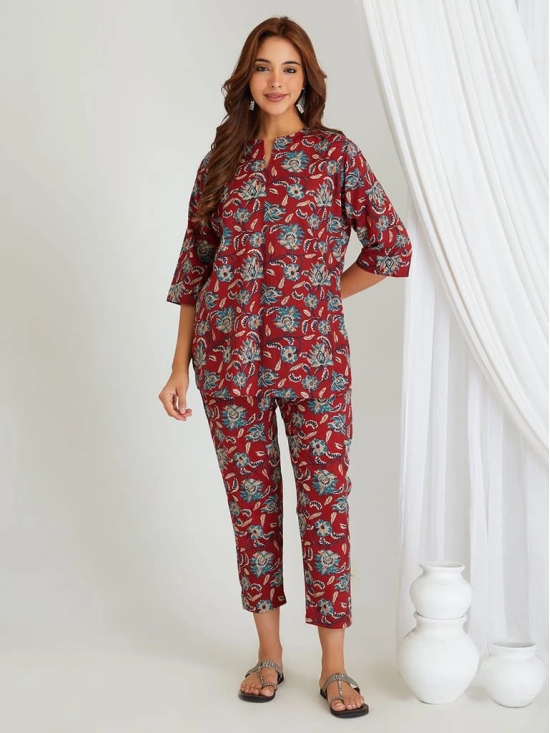 BREATHABLES Women Cotton Printed Loungewear Kurta and Pants Co-ord Set 3/4 Sleeve Round Neck Comfort Loose Fit Red I Night Wear | Co-ord set | Lounge Wear Set