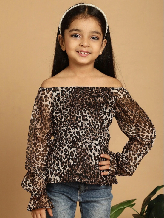 MINI & MING Girls Animal Printed Off-Shoulder Puff Sleeves Gathered Bardot Top