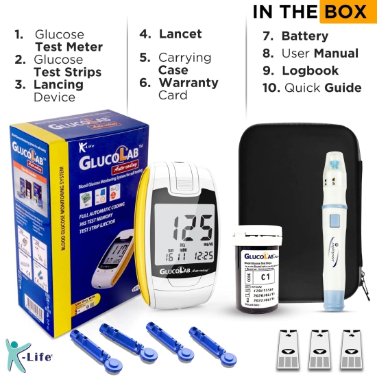 K-Life Gluco lab Fully Automatic Blood Glucose Sugar Testing Machine with 100 Strips (White)