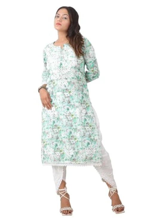 Pravia Lucknowi Chikankari Premium Very Fine Hand Embroidered MUL MUL Cotton Long Kurti with Quersia Lace, Peach Colour