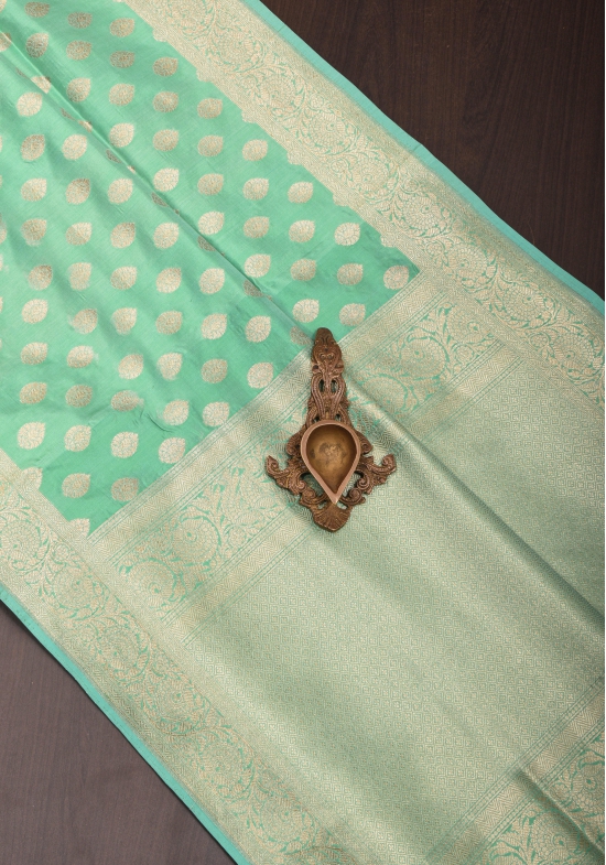 Banarasi Katan Silk Saree in Mint Green and Gold with Zari Motifs | SILK MARK CERTIFIED