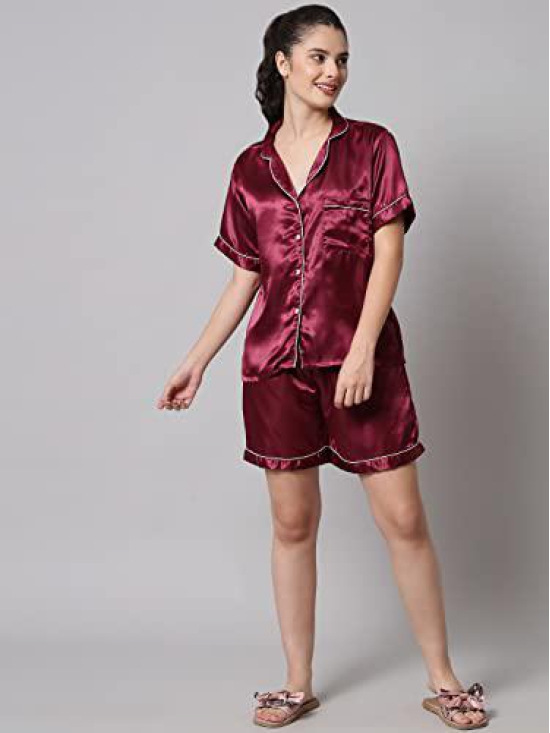 FUNDAY FASHION Women's Satin Plain/Solid Relaxed Night Suit Set Of Top & Shorts