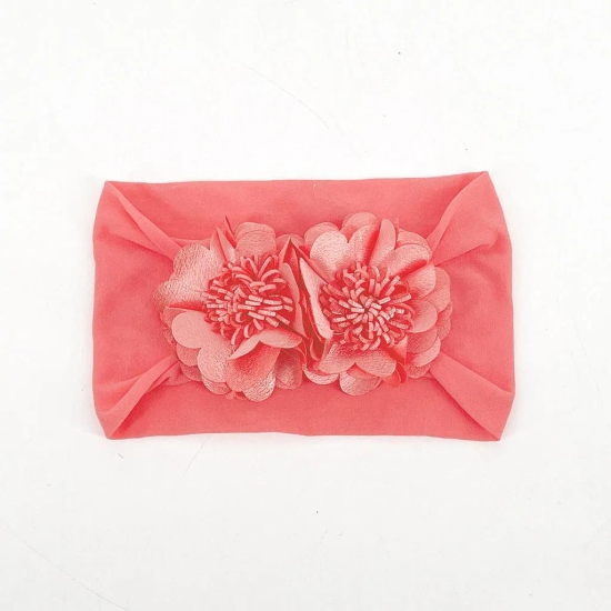 Broad cloth band with pair of satin organza flowers-coral