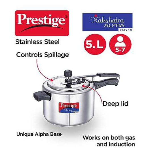 Prestige Nakshatra Alpha Svachh Stainless Steel Spillage Control Pressure Cooker 5 L (Silver)