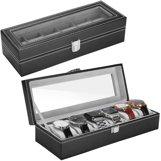 Watch Box Organizer | 6 Slot Watches Storage Box Holder Organizer with Transparent Window | PU Leather Watch Case for Men and Women