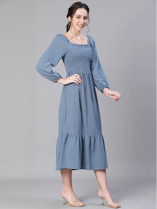 Oxolloxo Solid Smocked Puff Sleeve Tiered Cotton Fit & Flare Midi Dress