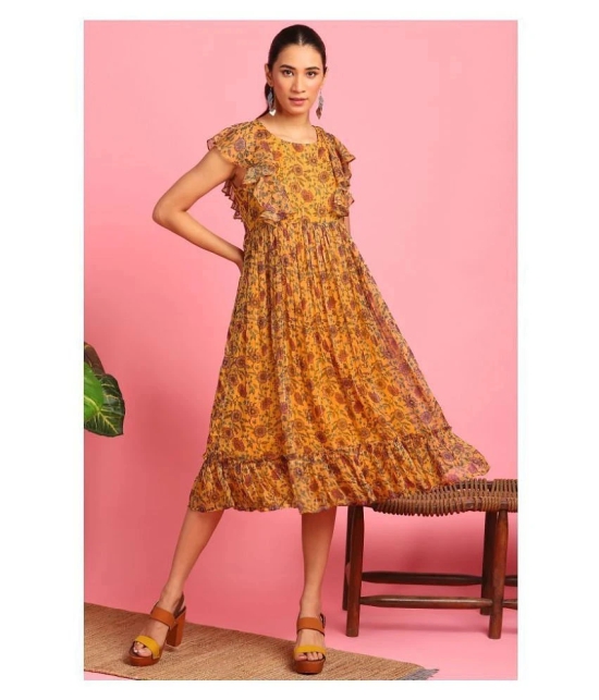 Janasya Poly Georgette Yellow Fit And Flare Dress - - XS