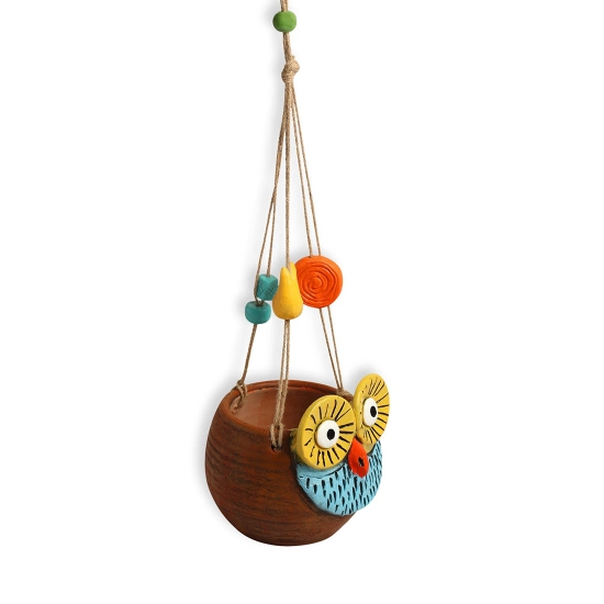 Night Owl Hanging Planter Pot In Terracotta (5.6 Inch, Handmade & Hand-Painted, Brown)