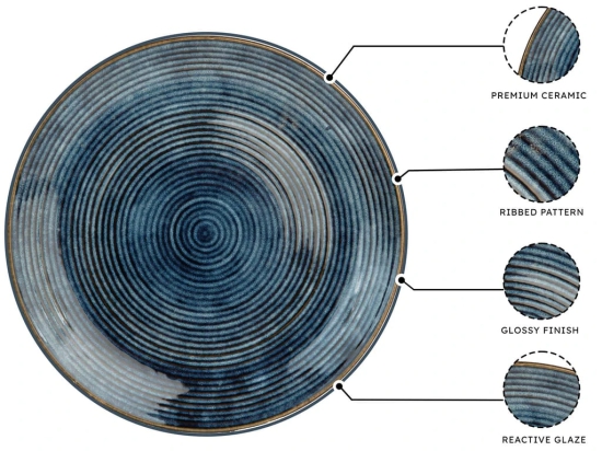 Handcrafted Reactive Glaze Ceramic Dinner Plates, 6 Pieces Serving for 6, Microwave and Dishwasher Safe, Bone-ash Free, Full Plate Set Crockery for Dining and Gifting, Reactive Blue