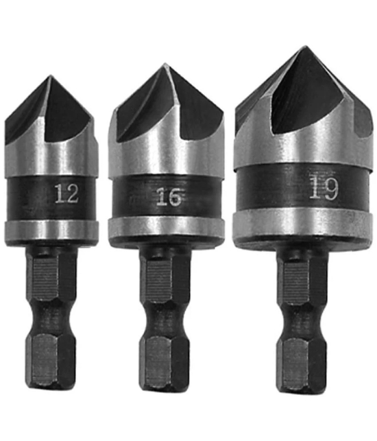 3Pcs Countersink Chamfer Drill Bit Set, 5 Flute 90 Degree Chamfering Countersink Bits with 1/4Inch Hex Shank, 12mm 16mm 19mm