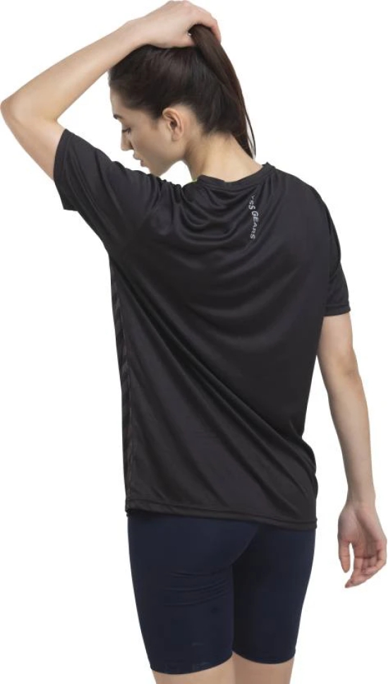 Women Colorblock Round Neck Polyester Black T-Shirt