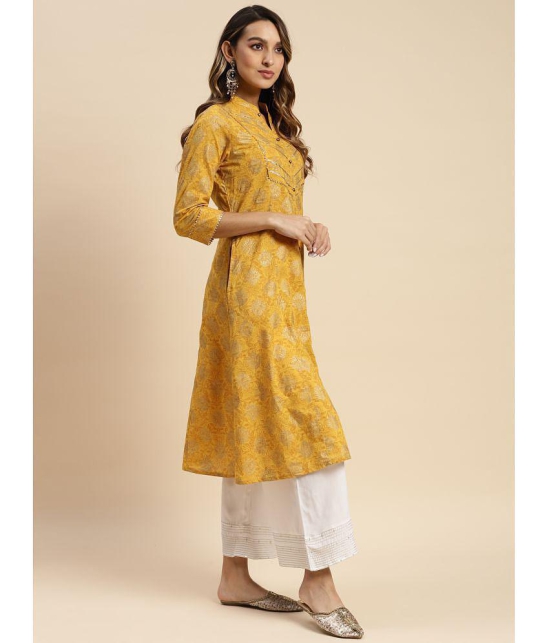 Rangita Women Cotton Yellow Gold Printed Calf Length Kalidar Kurti - None