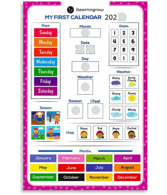 ILEARNNGROW Kids Home Calendar - Day, Date, Month, Weather, Season Learning Pre School MDF Board (English) for 2-6 year Preschool Kids Multi - Multicolor