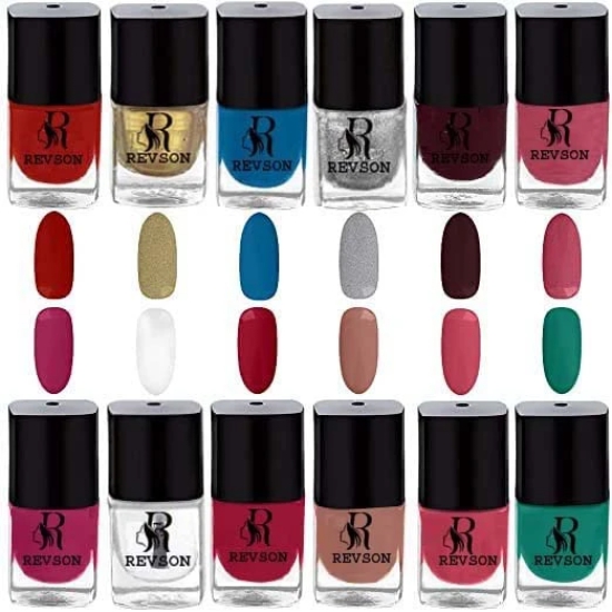 Revson Nail Lacquer | 6 ml | Long-Lasting, Glossy Nail Polish | Fast Drying, Chip Resistant For Women (Pack of 12)(M-jassybluegold)