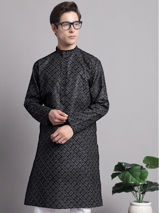 Mens Black Printed Pure Cotton Kurta-XL / Black