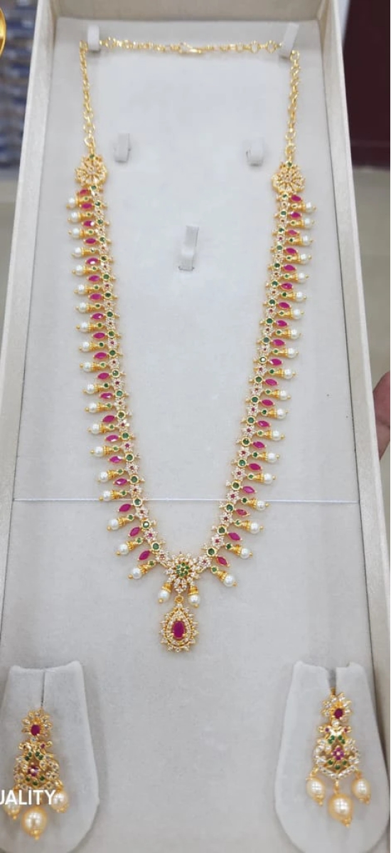 Stunning Pearl and Cubic Zirconia Jhumka Earrings and neckless