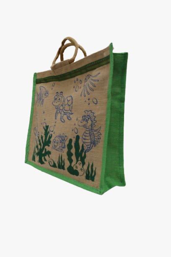 PALAK SAXENA Jute Bag for Shopping - Printed Jute Bag | Eco Friendly Bags for Shopping - Cute & Quirky Collection (Tortoise, Fish - Green)