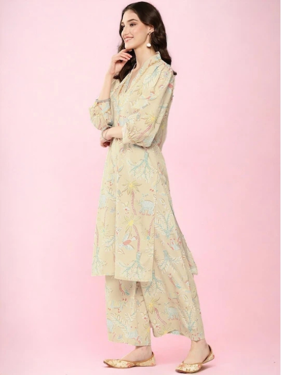 Cream Floral Printed Gotta Patti Straight Kurta With Palazzo