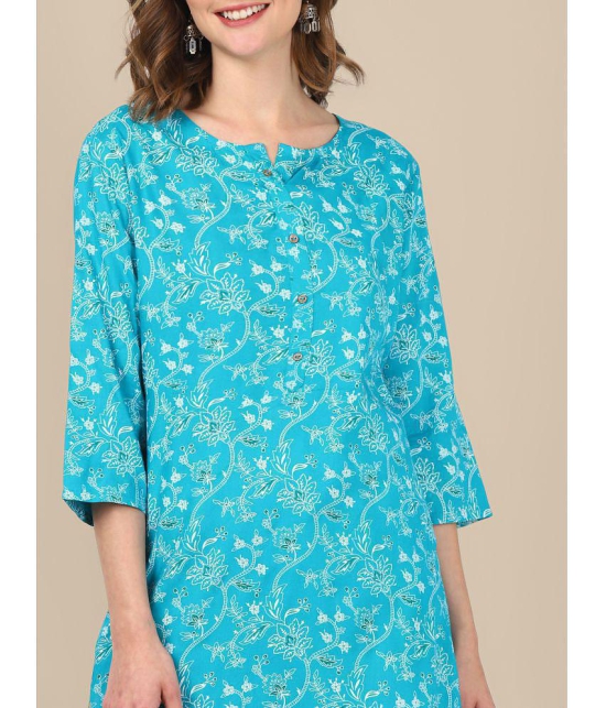 Rangita Women Rayon Turquoise Floral Printed Knee Length Straight Kurti - None