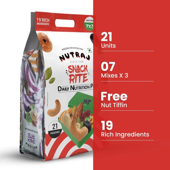 Nutraj Snackrite Trail Mix Combo: 21 Pouches, 7 Varieties + FREE Nut Tiffin (525g)