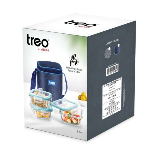 Treo All Fresh 320 ML Borosilicate Glass Square 3 Container Tiffin Box with Cover | Transparent