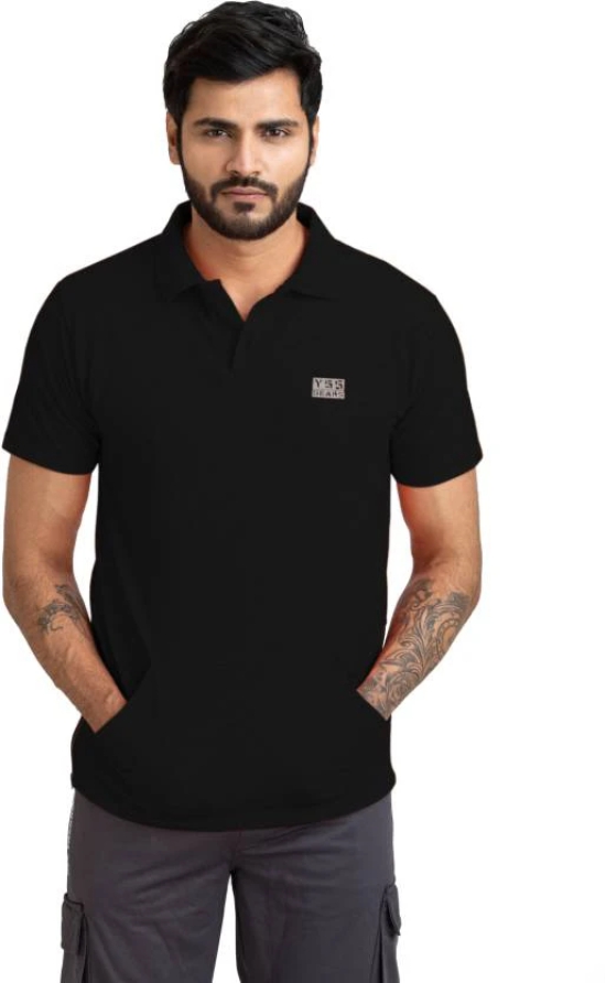 Men Solid Polo Neck Polyester Black T-Shirt