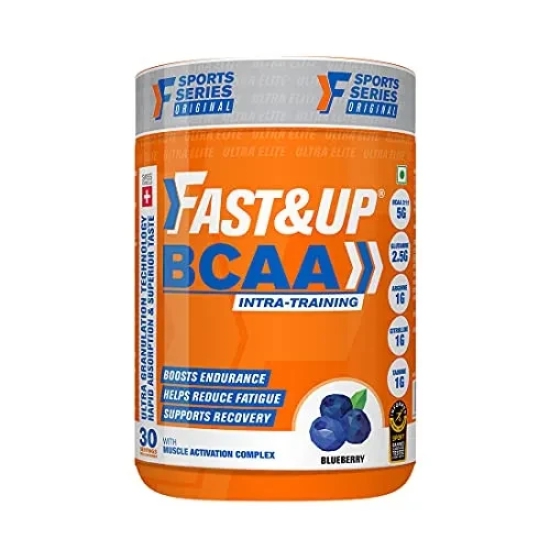 FAST&UP BCAA Blueberry Flavour Advanced BCAA Supplement with Glutamine, Citrulline, L-Arginine & Taurine - Pre/Post Workout & Intra Workout Supplement Powder for Adults(450gm, 30 Servings)