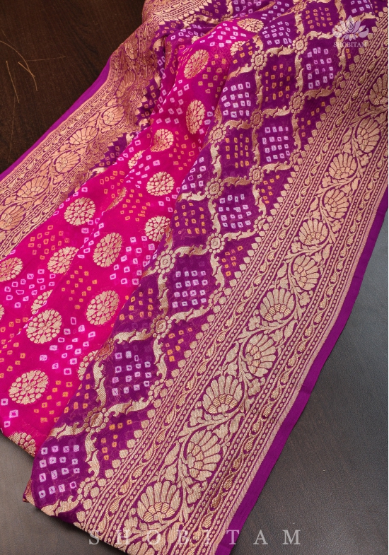 Ombre Purple-Pink Shades - Authentic Hand Bandhej Banarasi Silk Georgette Saree | SILK MARK CERTIFIED