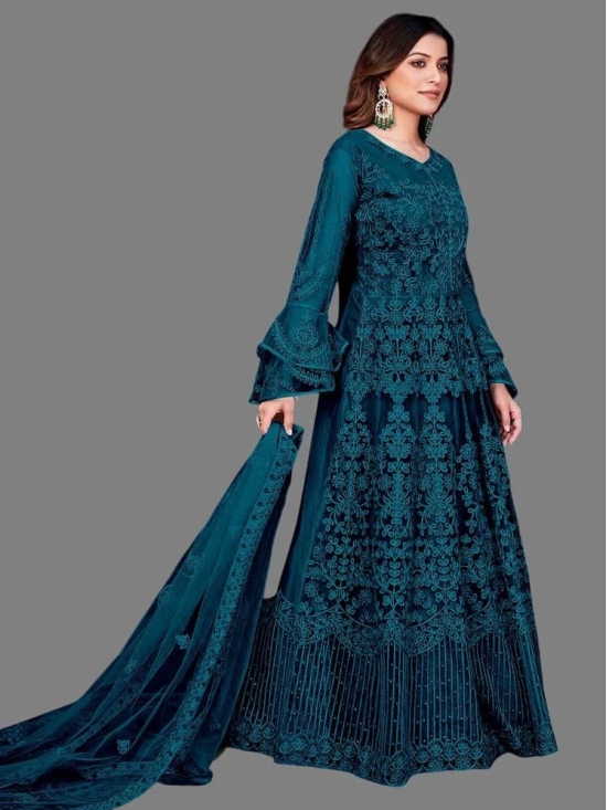 Apnisha Teal Flared Net Womens Semi Stitched Ethnic Gown ( Pack of 1 ) - None