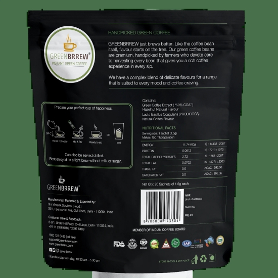 Greenbrrew Colombia Green Coffee Instant Beverage Premix For Weight Management - 30G Hazelnut 20 Sachets-Greenbrrew Colombia Green Coffee Instant Beverage Premix For Weight Management - 30G (Haze