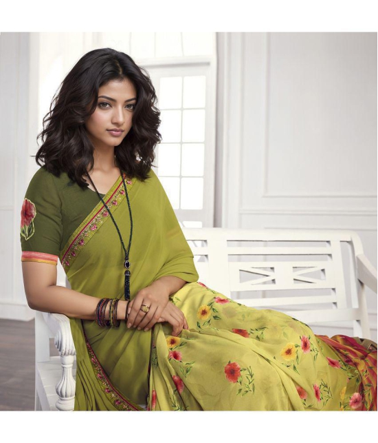 Rangita Half & Half Printed Georgette Saree With Lace Border & Blouse Piece - Lime Green - Lime Green