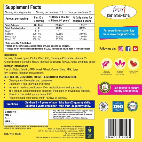 Happi Kidz Calcium + Vitamin D Gummies For Kids (60 Count Gummy Bears) - Kids Nutrition, Bones And Teeth, Boosts Immunity - Strawberry - British life sciences