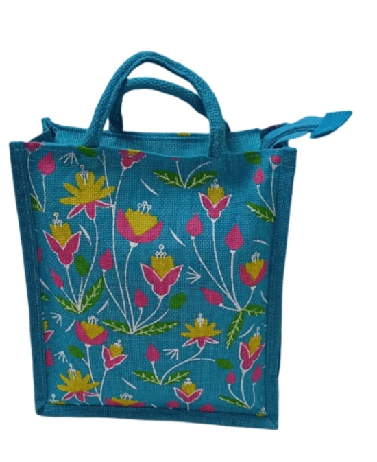 Blue Floral Jute Tote Bag