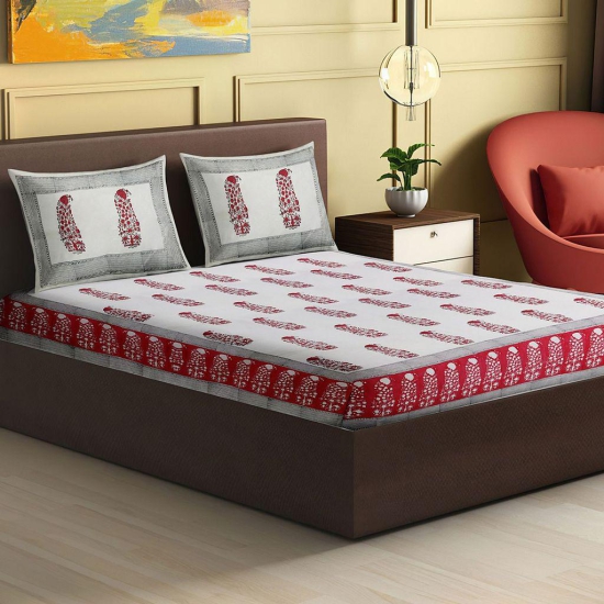 Red Buta Block Printed King Size Double Bedsheet