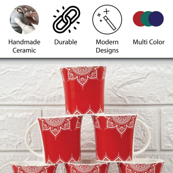 Femora Cosmic Mehendi Tea Cups, Ceramic Tea Cups, Coffee Mugs (160 ml) - 6 Pcs Set (Red)