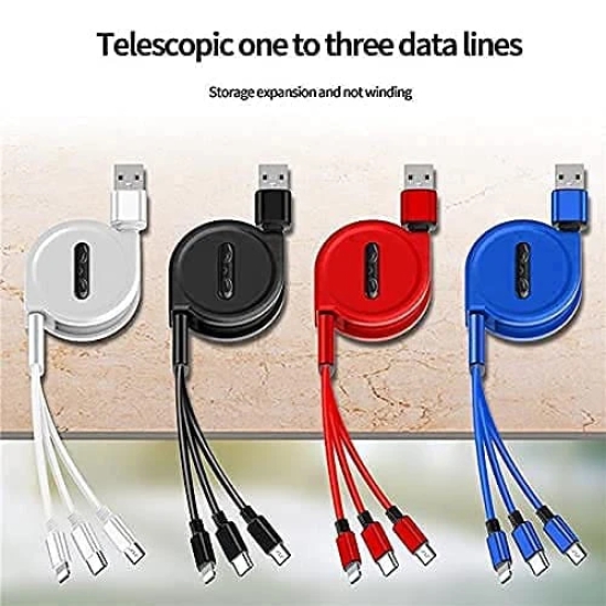 USB 360SVAPI  Degree Rotation 3 in 1 Fast Charging Data Cable Compatible with All iPhone & USB Type- C & Micro USB Nylon Braided Wire with LED Light | Random Colour