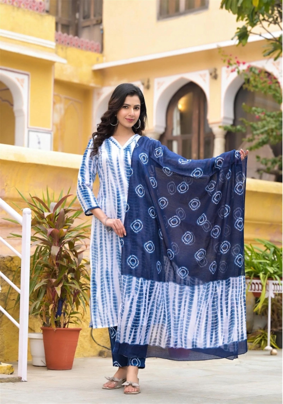 White and Blue Color Tie Die printed Kurta set with Bottom and Dupatta-M