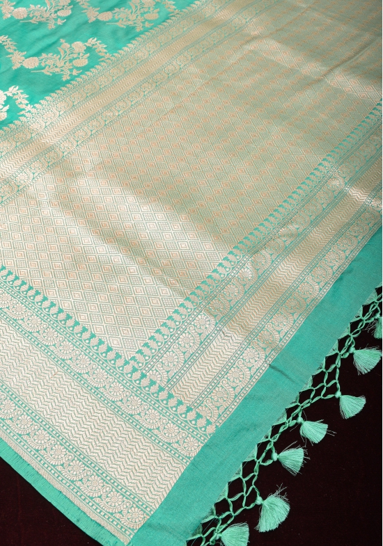 Cyan Banarasi Katan silk saree with leheria pattern and floral zari border | SILK MARK CERTIFIED