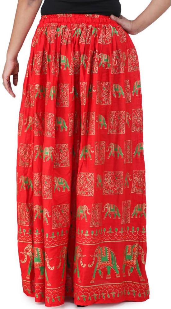 Flame-Scarlet Digitally Printed Casual Skirt with Motifs of Elephants And Flowers From Pilkhuwa