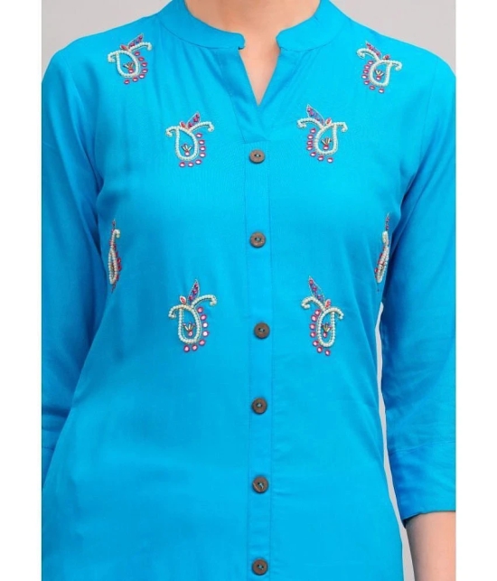 MAUKA Rayon Embellished Front Slit Womens Kurti - Blue ( Pack of 1 ) - None