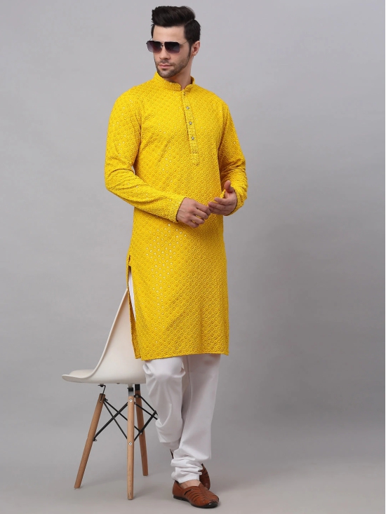 Men Yellow Chikankari Embroidered and Sequence Kurta with Churidar-XXL / Yellow