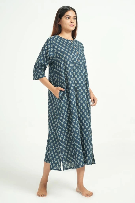 BREATHABLES Women Cotton Printed Loungewear Dress Short Sleeve Round Neck Comfort Loose Fit Blue(Night Wear | Nighty |  Nightie )