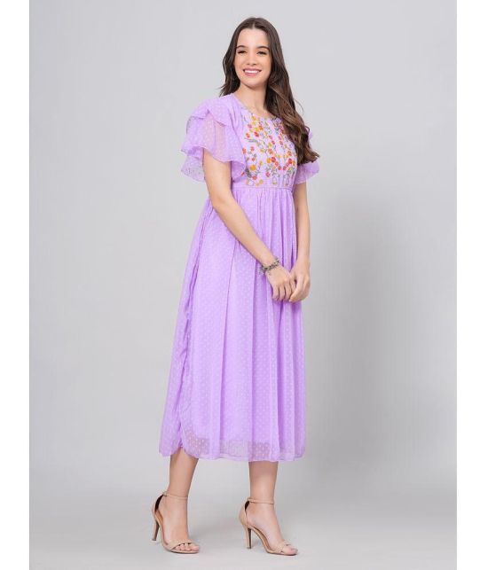 HIGHLIGHT FASHION EXPORT Crepe Embroidered Midi Womens Fit & Flare Dress - Purple ( Pack of 1 ) - None