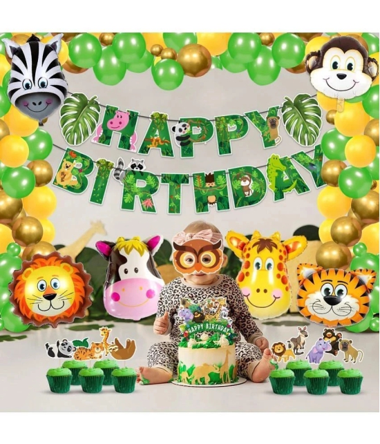 Zyozi Jungle Safari Happy Birthday Decoration Combo - Birthday Decoration Banner with Balloons, Cake Topper, CupCake Topper, Sticker and Foil Balloons (Pack of 102) - Multicolor